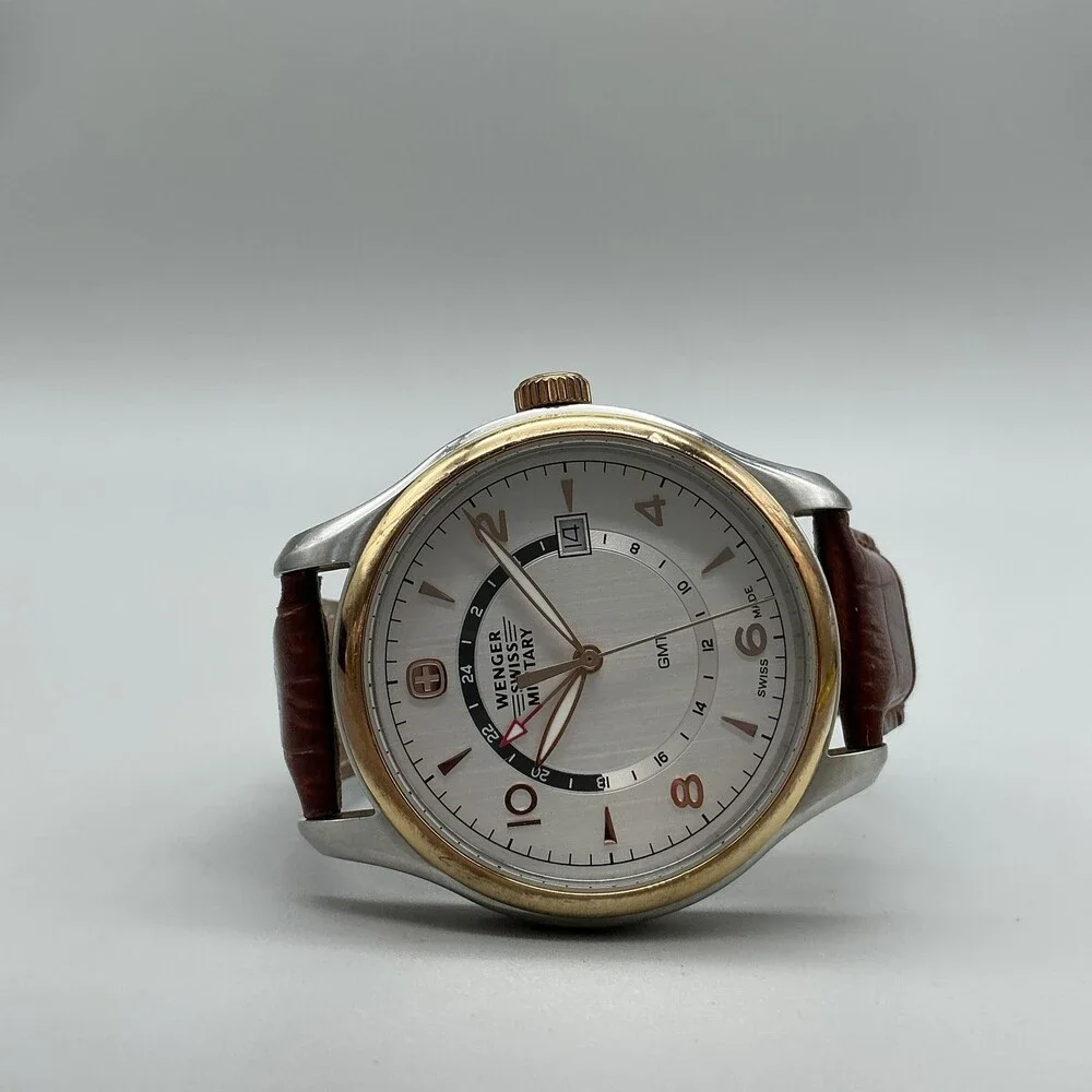 Wenger Swiss Military GMT Mens Watch 41mm Silver Tone Leather Swiss New Battery
